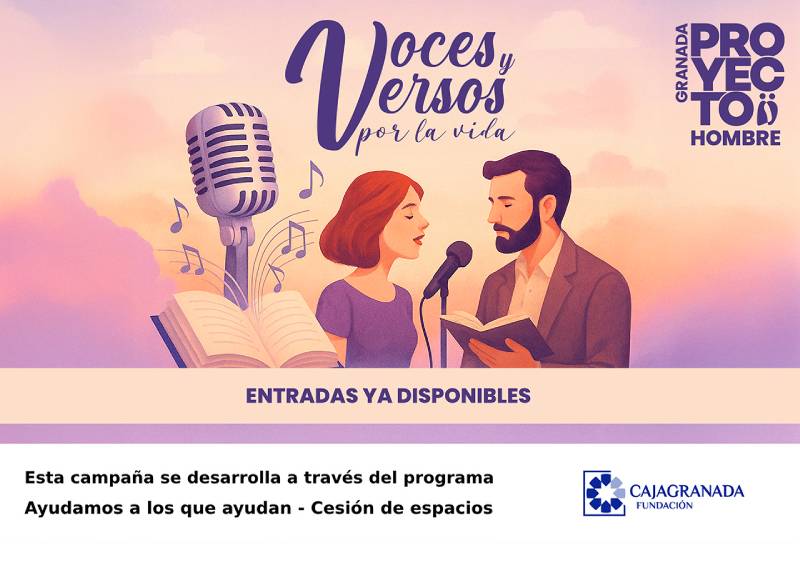 Infografía del Concierto solidario 'Voces y versos por la vida' con una imagen de dos personas hablando a un micrófono.