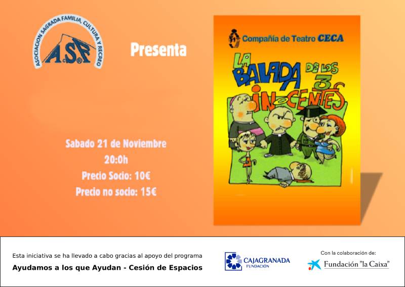 Creatividad para la difusión de la obra teatral ' La balada de los tres inocentes' con una ilustración con varios personajes de la obra.
